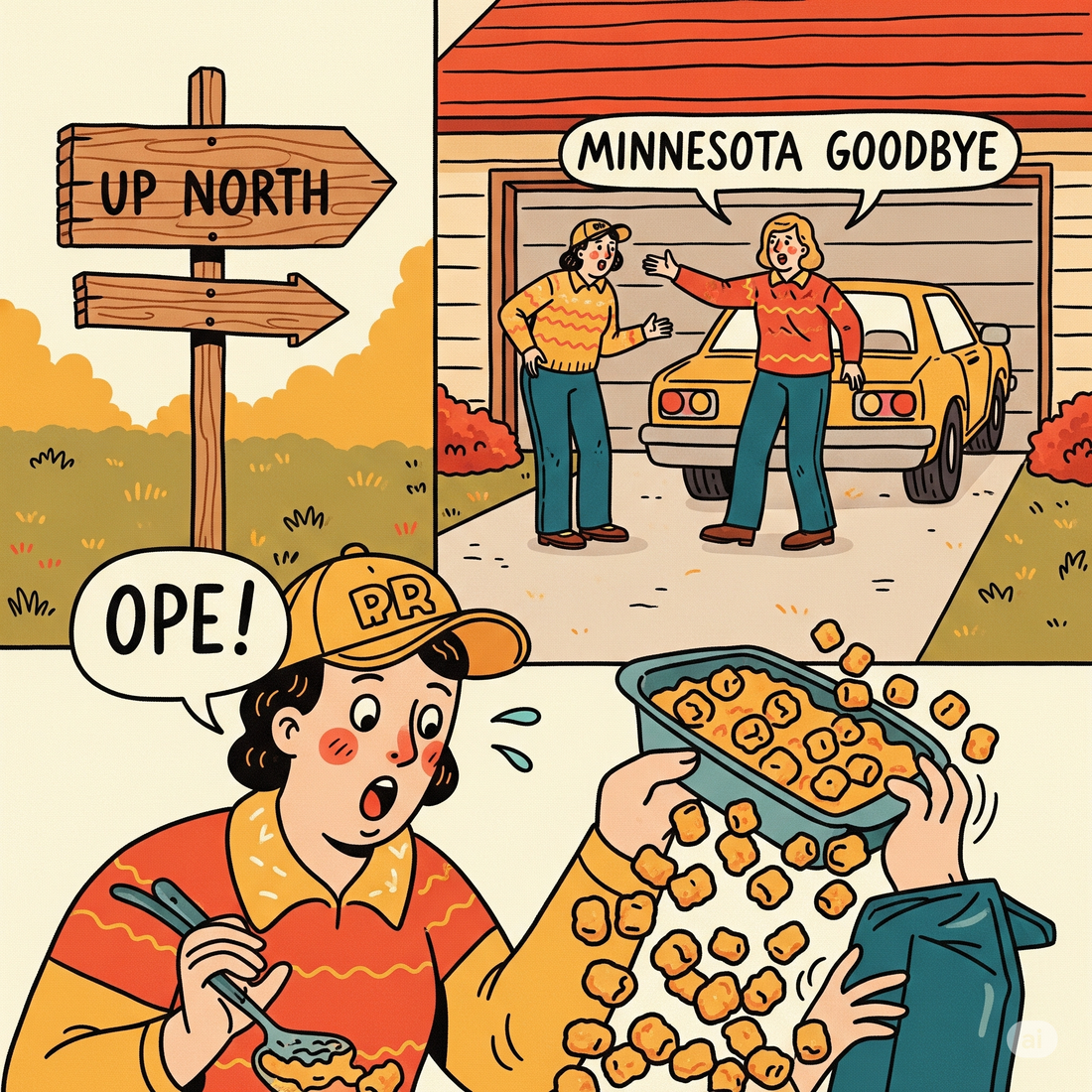 A whimsical illustration capturing various Midwestern cultural touchstones. The image shows a sign pointing "UP NORTH," a long "Minnesota goodbye" in a driveway, and someone saying "OPE!" as they spill a tater tot hotdish.