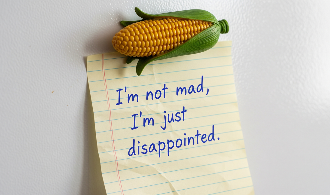 A crumpled, yellowed note on a white refrigerator door, held by a corn cob magnet. The note reads, "I'm not mad, I'm just disappointed."