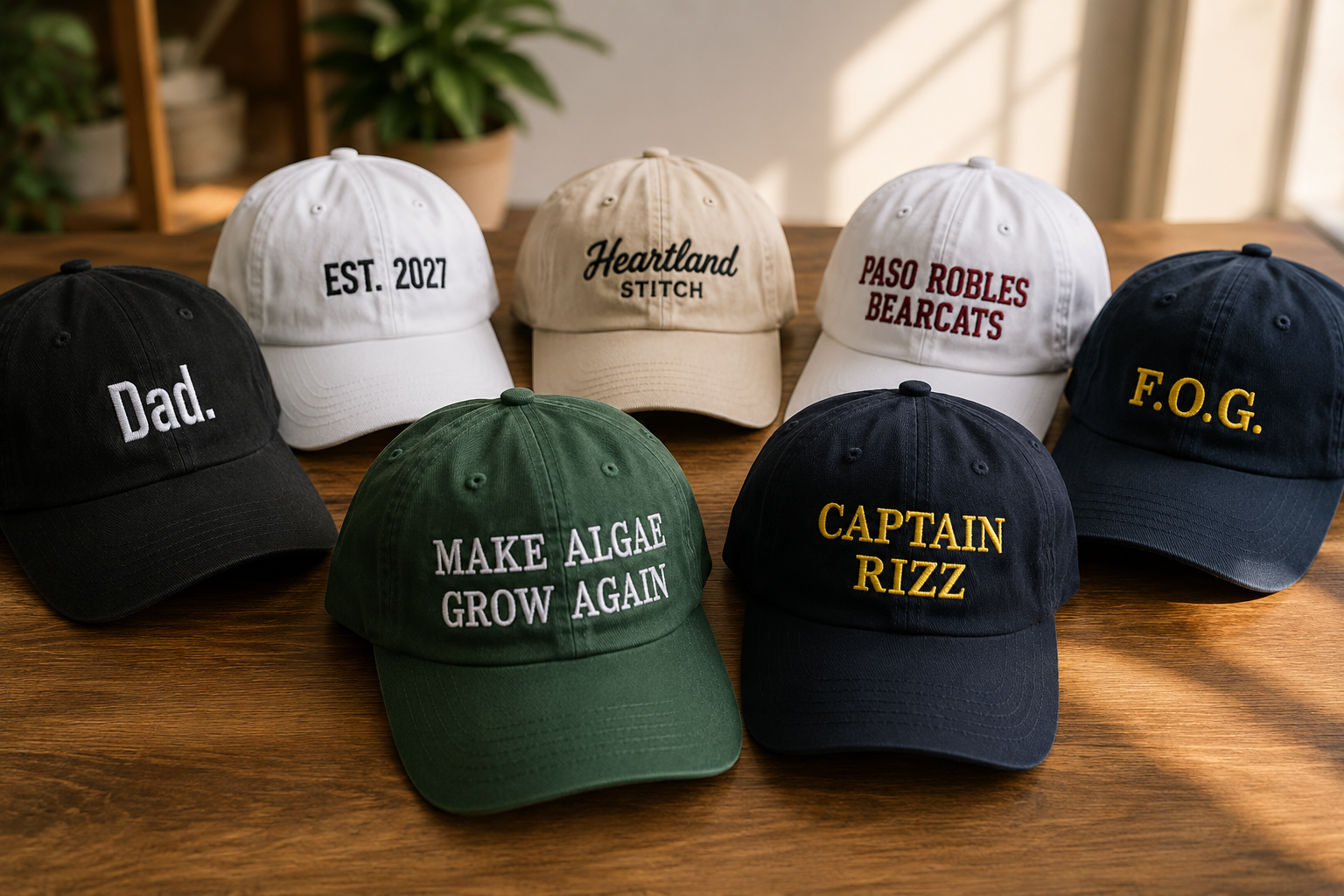 Collection of custom embroidered baseball caps displayed on a wooden table, showcasing personalized hat designs and embroidery craftsmanship.