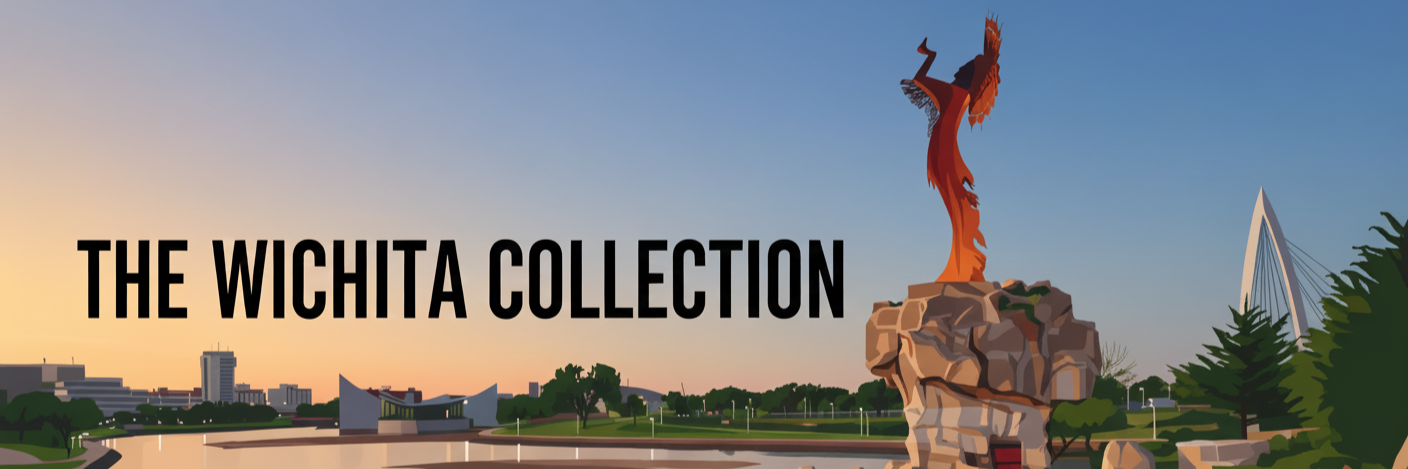Statue with 'The Wichita Collection' text against a cityscape background