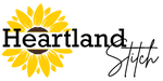 Logo of Heartland Stitch with yellow sunflowers on a green background