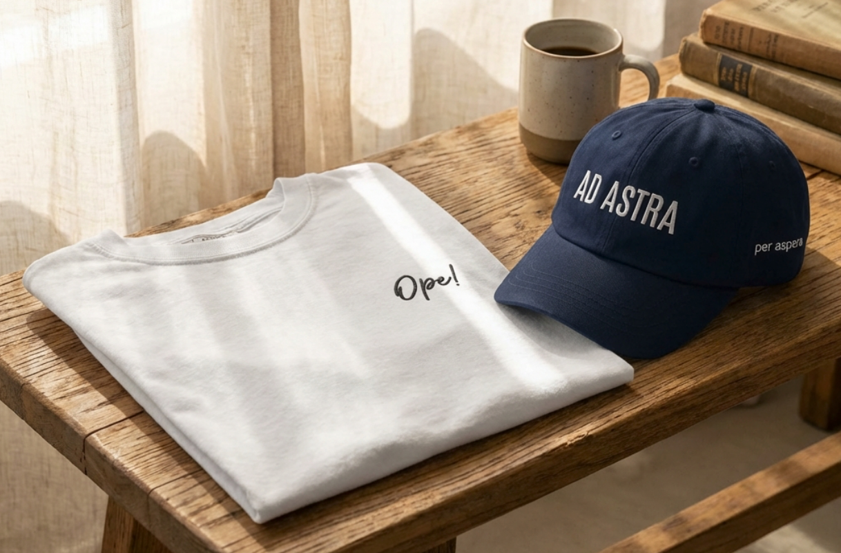 A white 'Ope!' embroidered t-shirt neatly folded on a rustic wooden bench next to a navy blue 'Ad Astra' dad hat. The scene is illuminated by soft morning sunlight filtering through linen curtains, highlighting the fine embroidery detail and weathered wood grain. In the background, a ceramic coffee mug and vintage books sit in a soft-focus blur, evoking a warm, midwestern morning aesthetic.