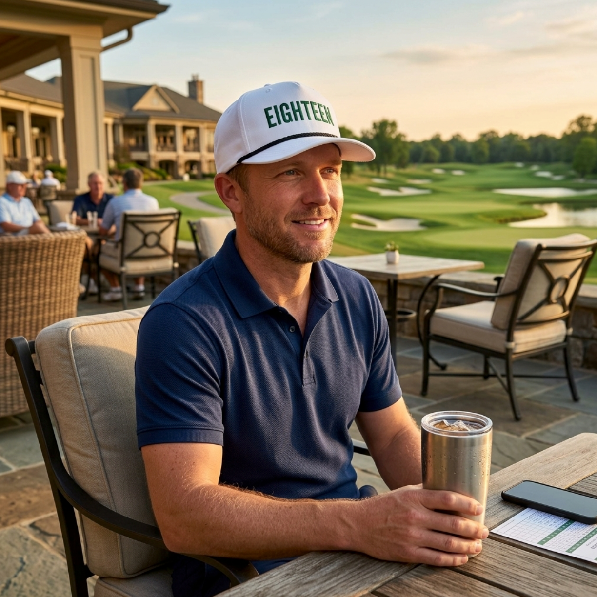 Man relaxing on a country club patio wearing a personalized Richardson 258 rope hat