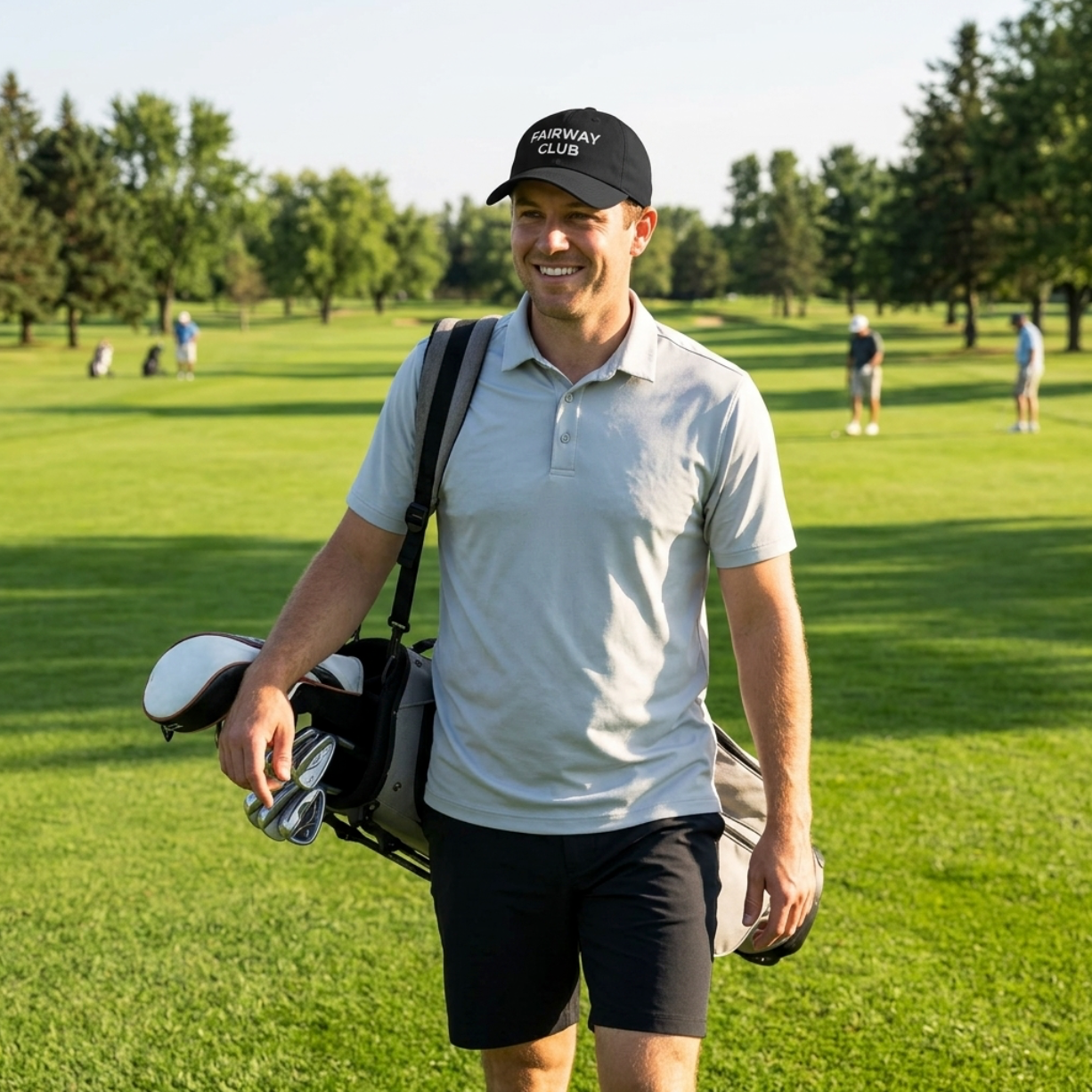 Golfer wearing a custom embroidered Under Armour® athletic hat on a sunny golf course