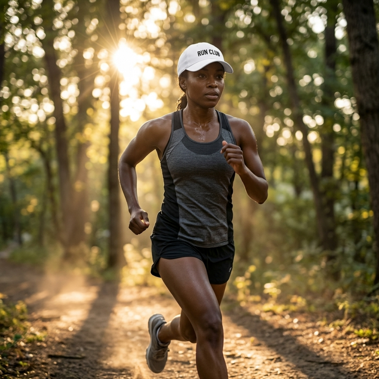 Runner wearing a personalized Under Armour® athletic hat during a morning trail run