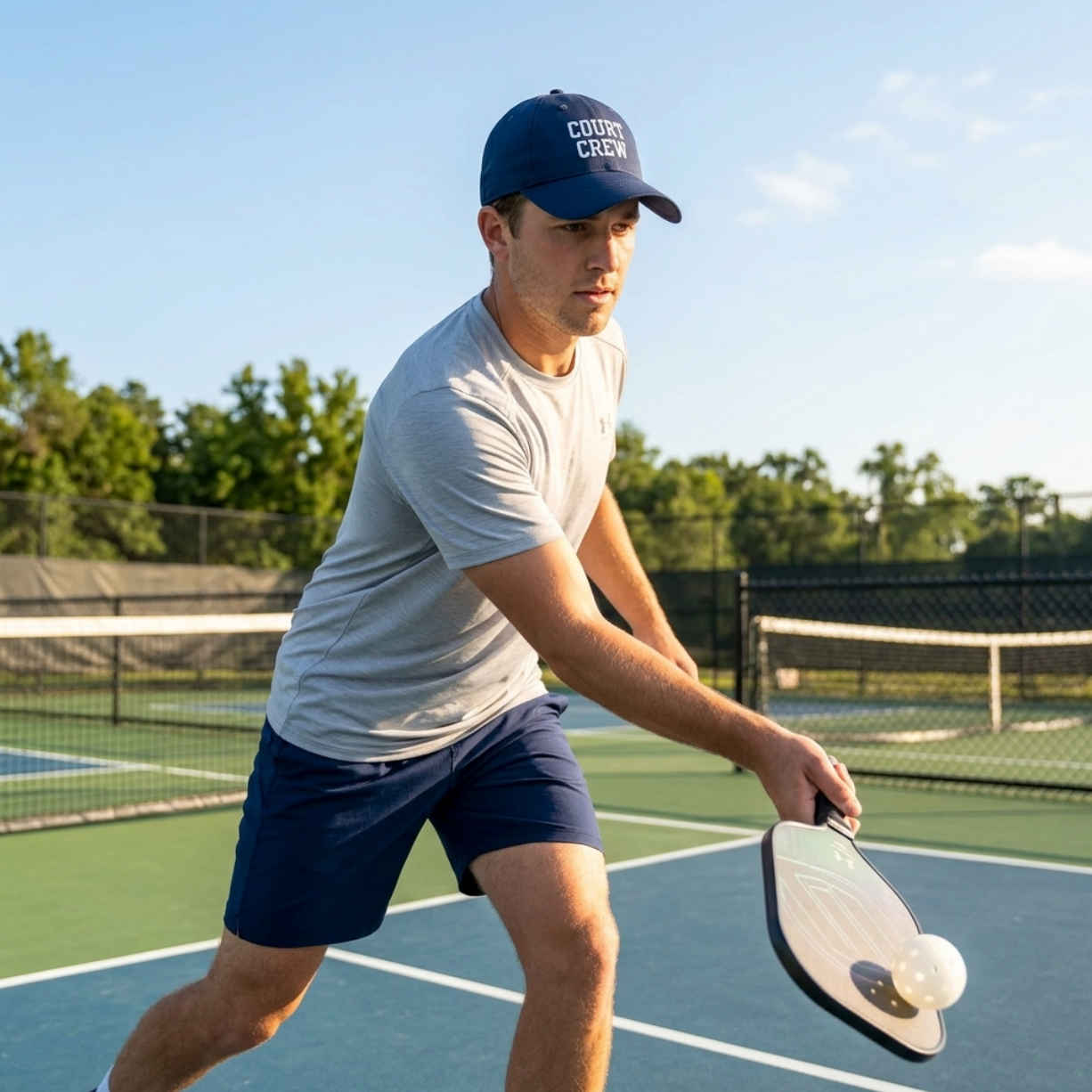 Runner wearing a personalized Under Armour® athletic hat during a morning trail run