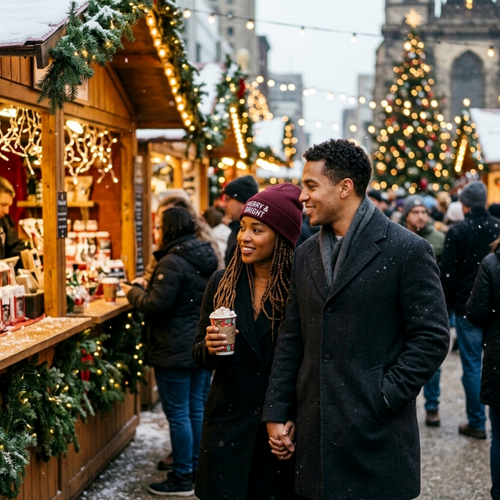 Couple wearing embroidered organic cotton beanies while visiting a festive Christmas market