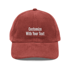 Burgundy custom embroidered corduroy hat with personalized text