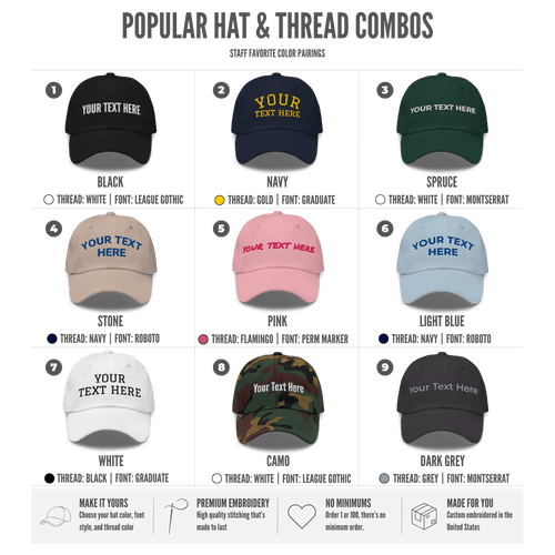 Available hat colors and thread color combinations for custom embroidered dad hats