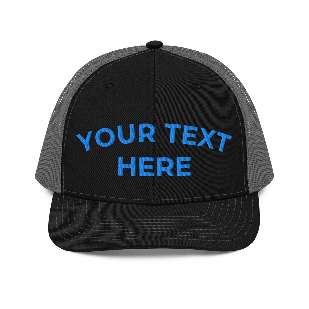 Black and charcoal Richardson 112 trucker hat with custom embroidered text