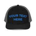 Black and charcoal Richardson 112 trucker hat with custom embroidered text