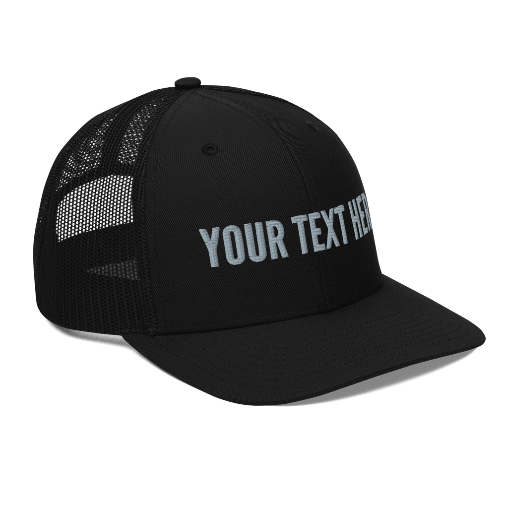 Side view of a personalized Richardson 112 trucker hat with custom embroidery