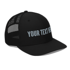 Side view of a personalized Richardson 112 trucker hat with custom embroidery