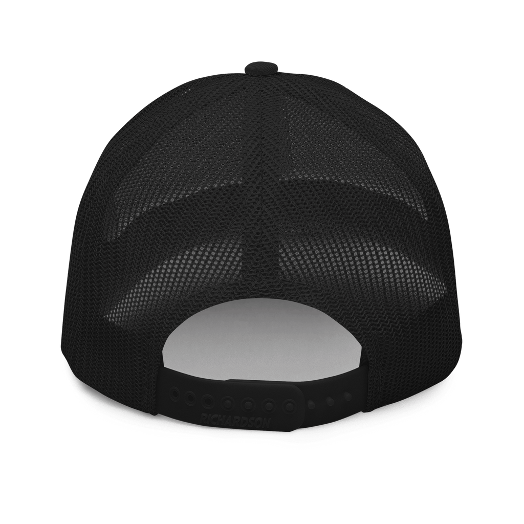 Rear view of a Richardson 112 trucker hat featuring an adjustable snapback and breathable mesh back