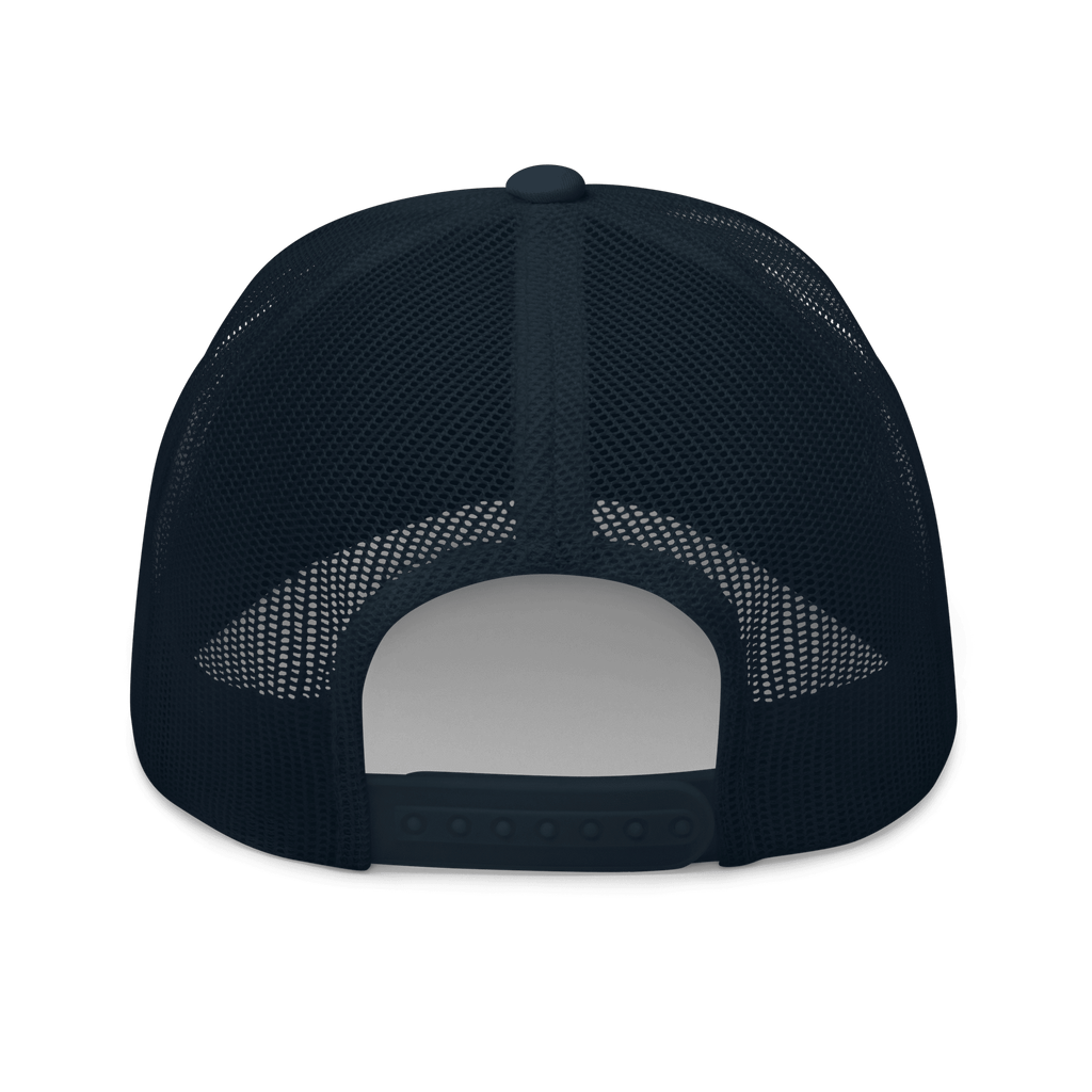 Rear view of an adjustable mesh trucker hat with snapback closure