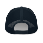 Rear view of an adjustable mesh trucker hat with snapback closure