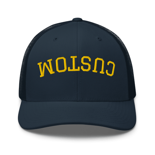 Navy custom upside down embroidered trucker hat with personalized text