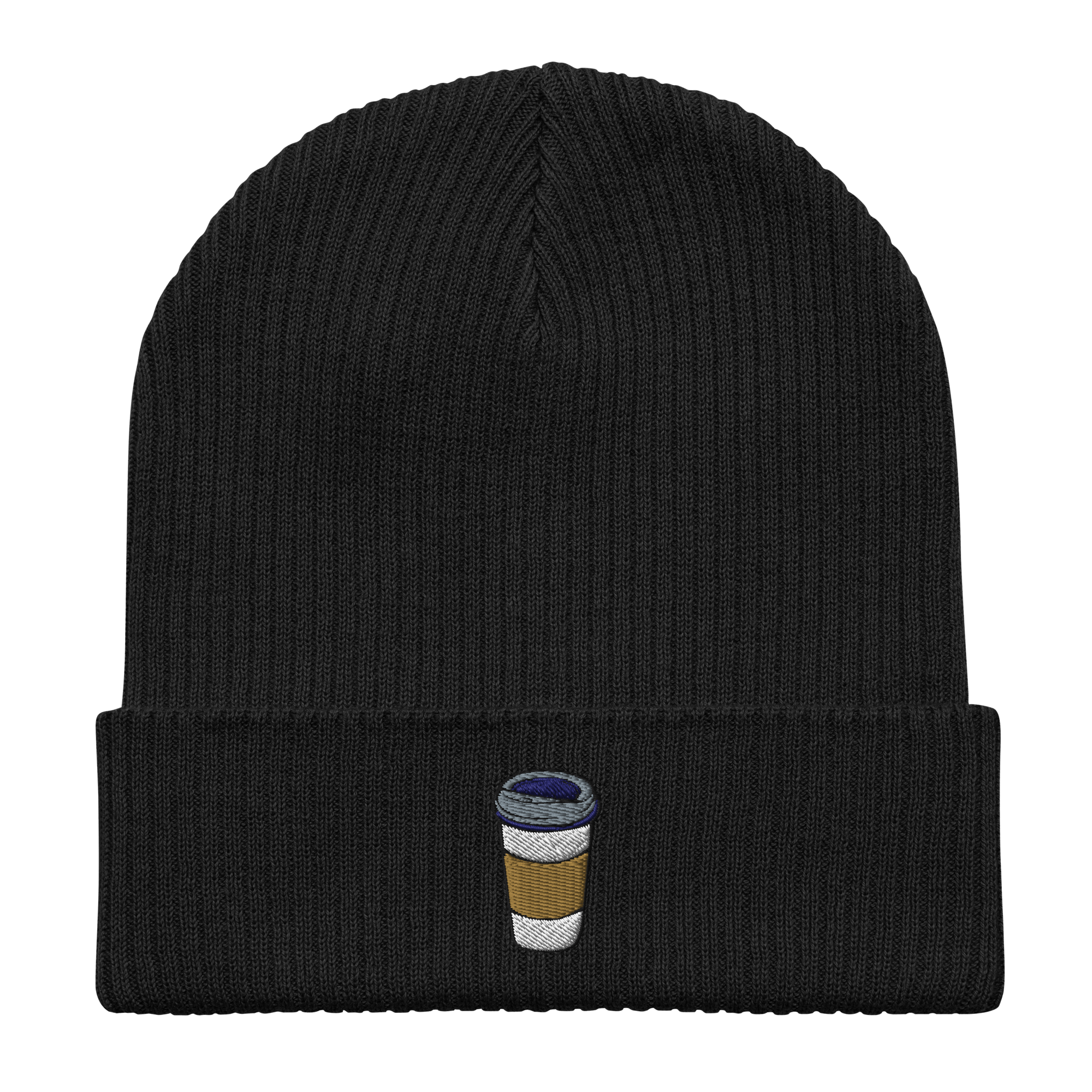 Embroidered Coffee Cup | Organic Cotton Ribbed Beanie - Heartland Stitch