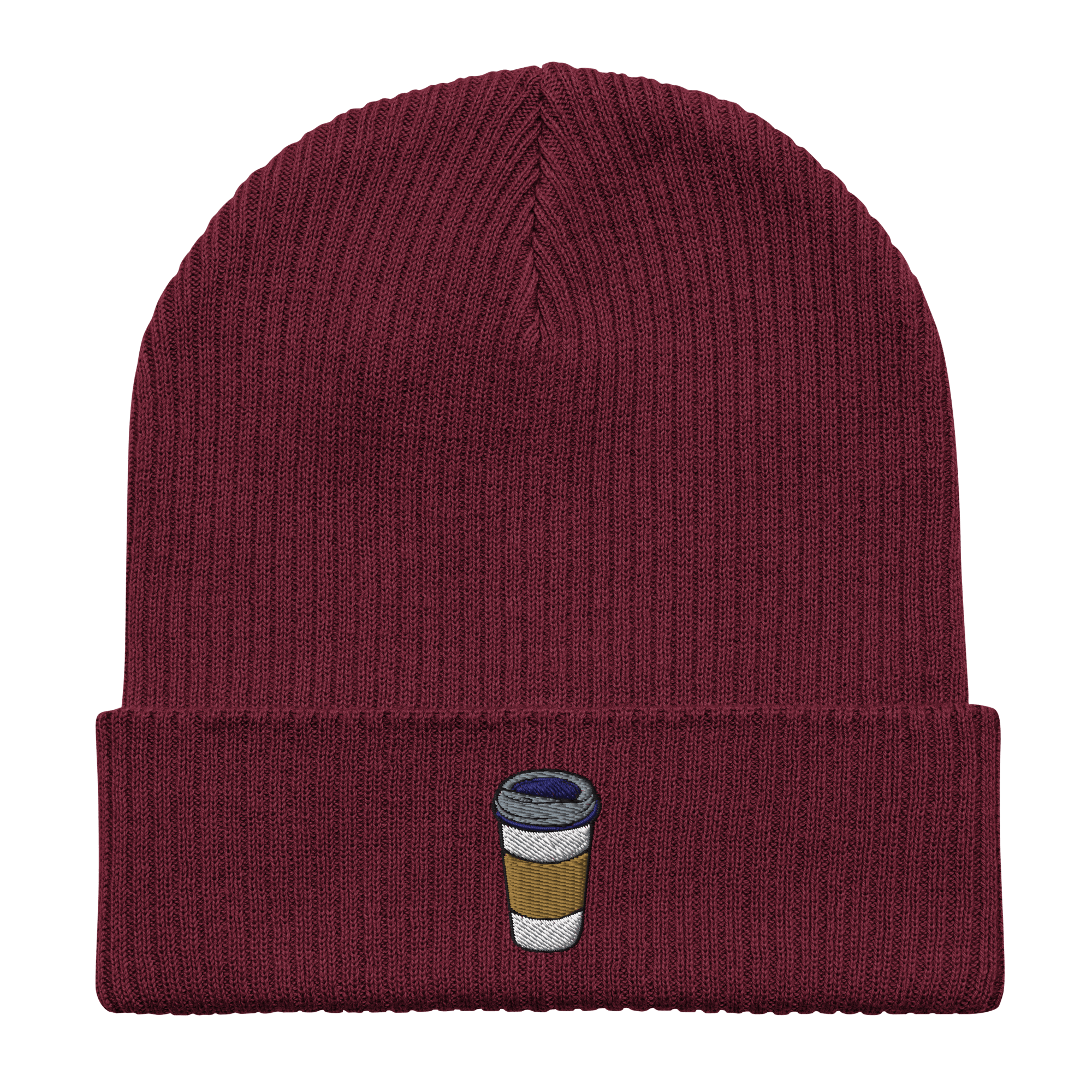 Embroidered Coffee Cup | Organic Cotton Ribbed Beanie - Heartland Stitch