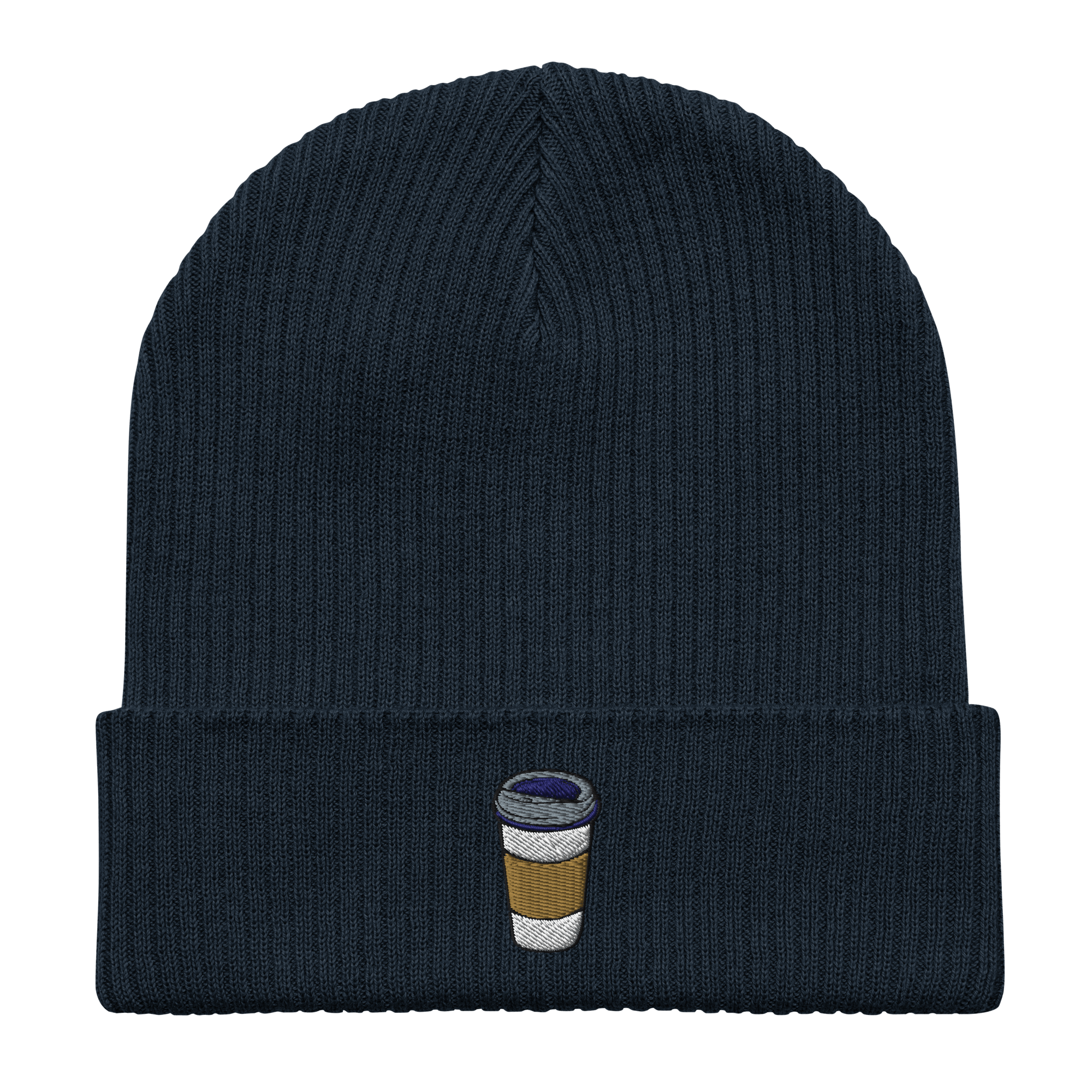 Embroidered Coffee Cup | Organic Cotton Ribbed Beanie - Heartland Stitch