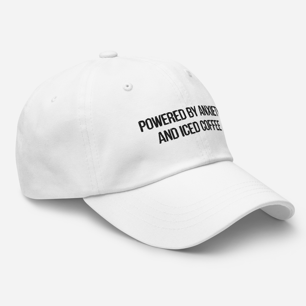 Embroidered Dad Hat | "Powered By Anxiety and Iced Coffee" Funny Mental Health Cap - Heartland Stitch