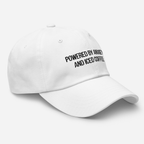 Embroidered Dad Hat | "Powered By Anxiety and Iced Coffee" Funny Mental Health Cap - Heartland Stitch