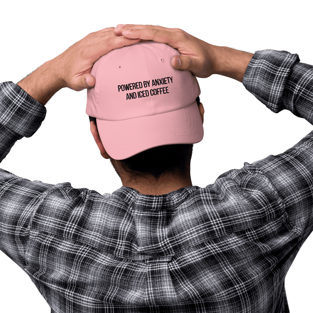 Embroidered Dad Hat | "Powered By Anxiety and Iced Coffee" Funny Mental Health Cap - Heartland Stitch