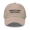 Embroidered Dad Hat | "Powered By Anxiety and Iced Coffee" Funny Mental Health Cap - Heartland Stitch