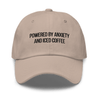 Embroidered Dad Hat | "Powered By Anxiety and Iced Coffee" Funny Mental Health Cap - Heartland Stitch