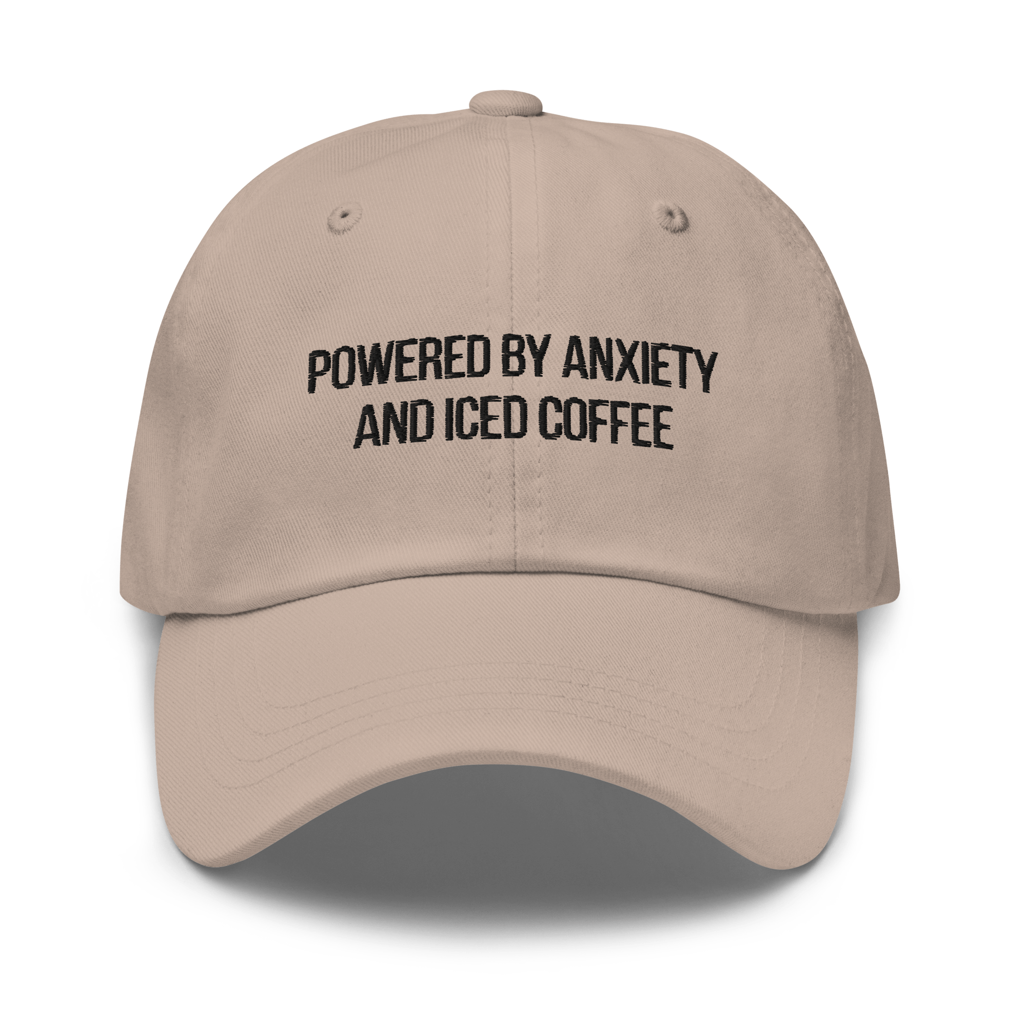 Embroidered Dad Hat | "Powered By Anxiety and Iced Coffee" Funny Mental Health Cap - Heartland Stitch