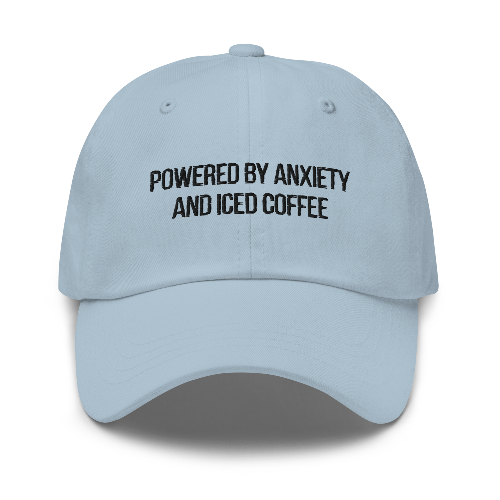 Embroidered Dad Hat | "Powered By Anxiety and Iced Coffee" Funny Mental Health Cap - Heartland Stitch