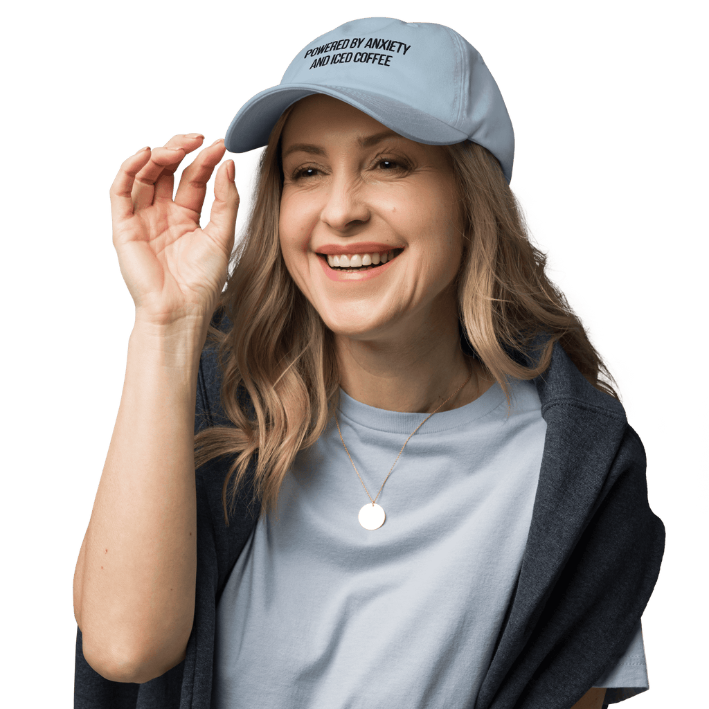 Embroidered Dad Hat | "Powered By Anxiety and Iced Coffee" Funny Mental Health Cap - Heartland Stitch