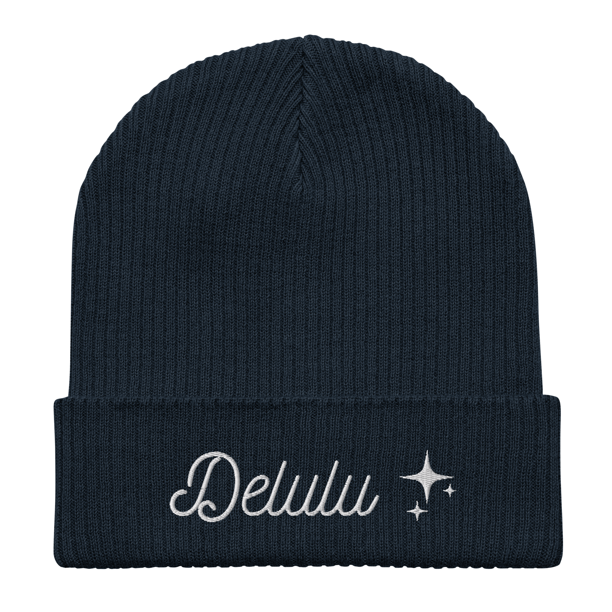 Embroidered Delulu | Organic Cotton Ribbed Beanie - Heartland Stitch