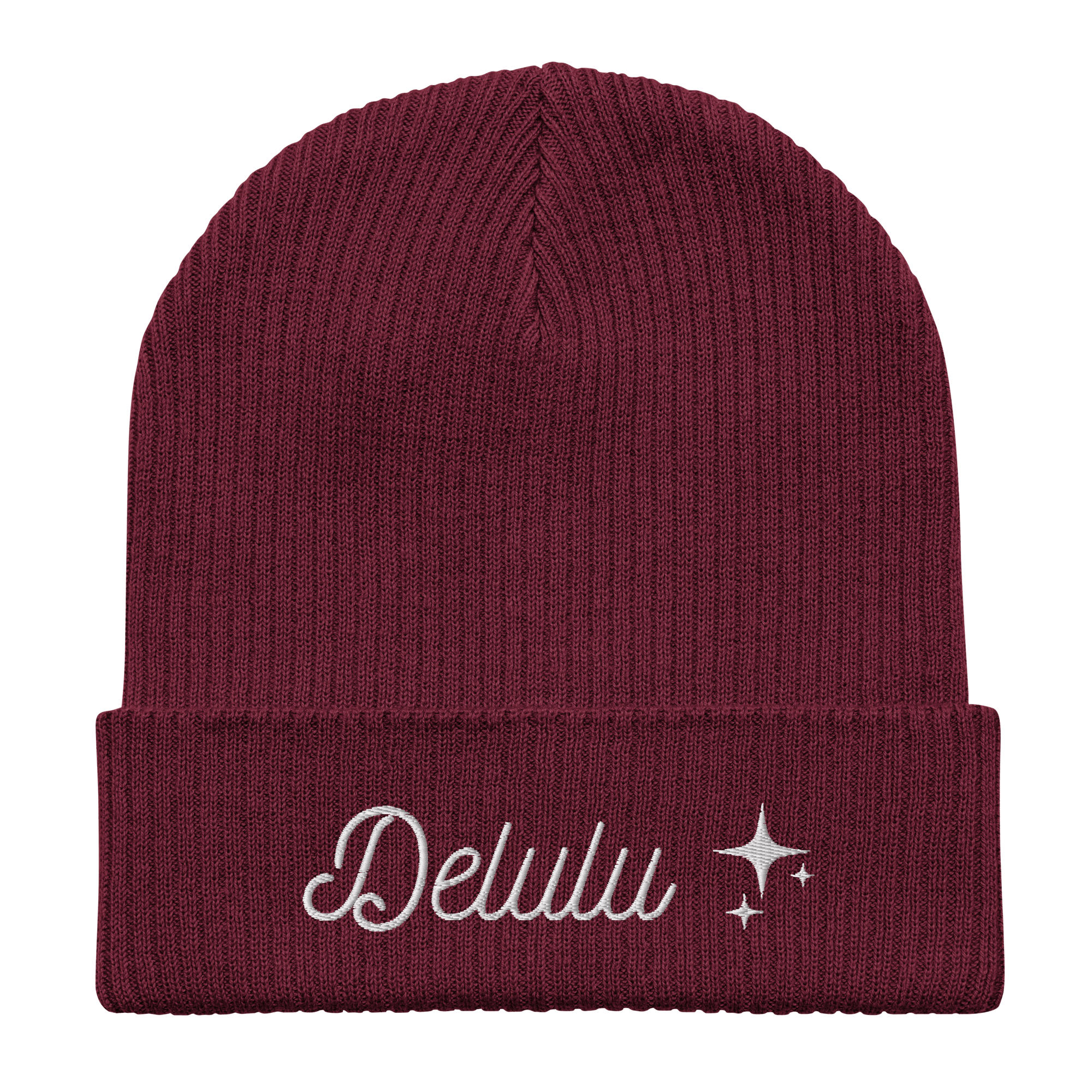 Embroidered Delulu | Organic Cotton Ribbed Beanie - Heartland Stitch