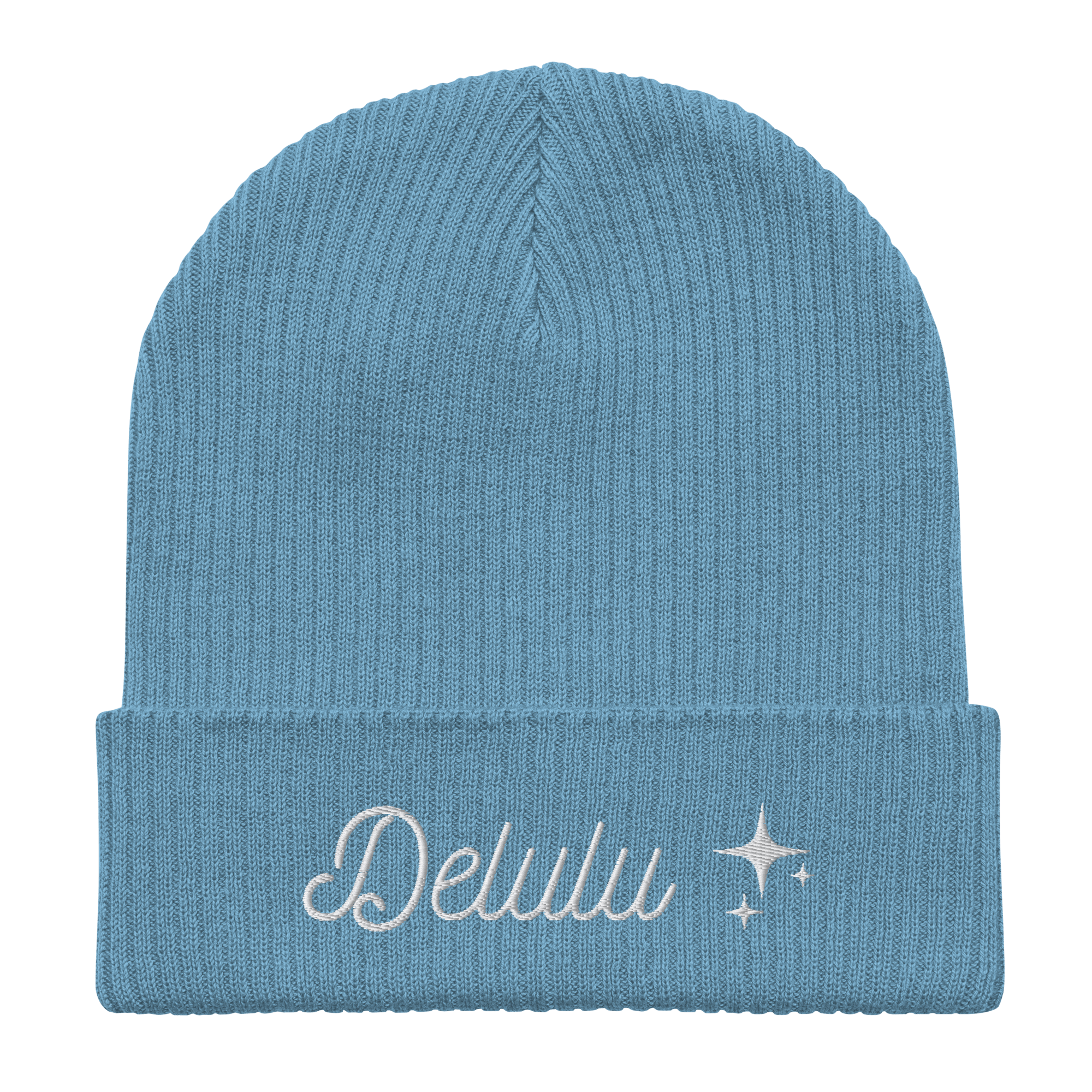 Embroidered Delulu | Organic Cotton Ribbed Beanie - Heartland Stitch