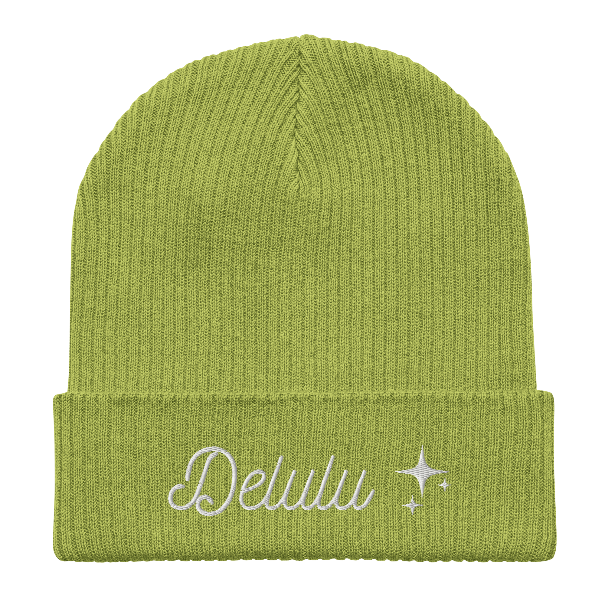 Embroidered Delulu | Organic Cotton Ribbed Beanie - Heartland Stitch