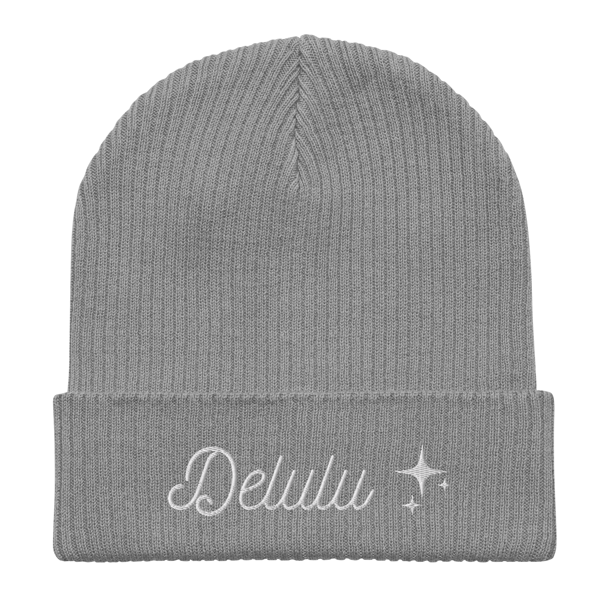 Embroidered Delulu | Organic Cotton Ribbed Beanie - Heartland Stitch