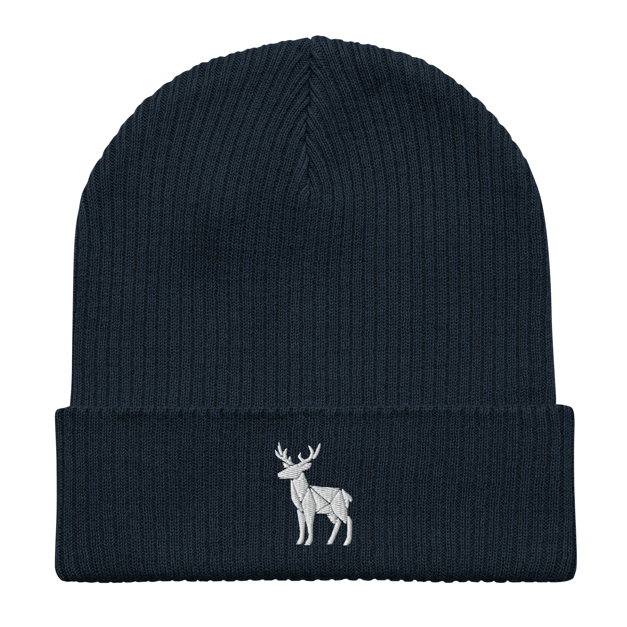 Embroidered Geometric Deer | Organic Cotton Ribbed Beanie - Heartland Stitch