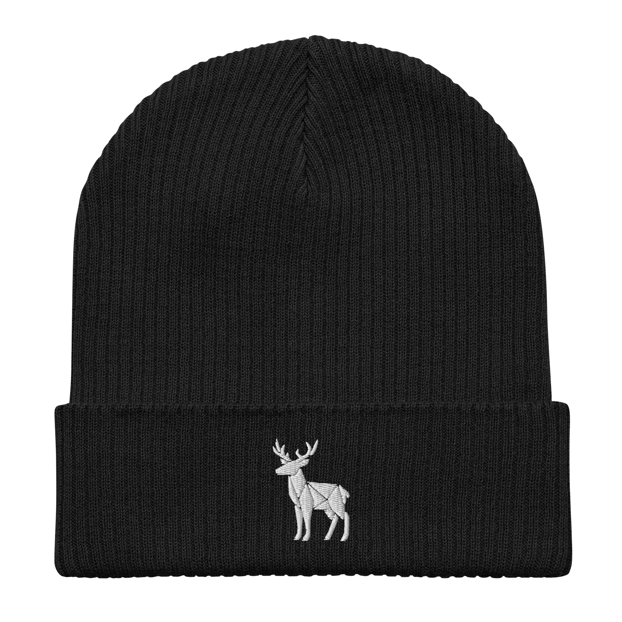 Embroidered Geometric Deer | Organic Cotton Ribbed Beanie - Heartland Stitch