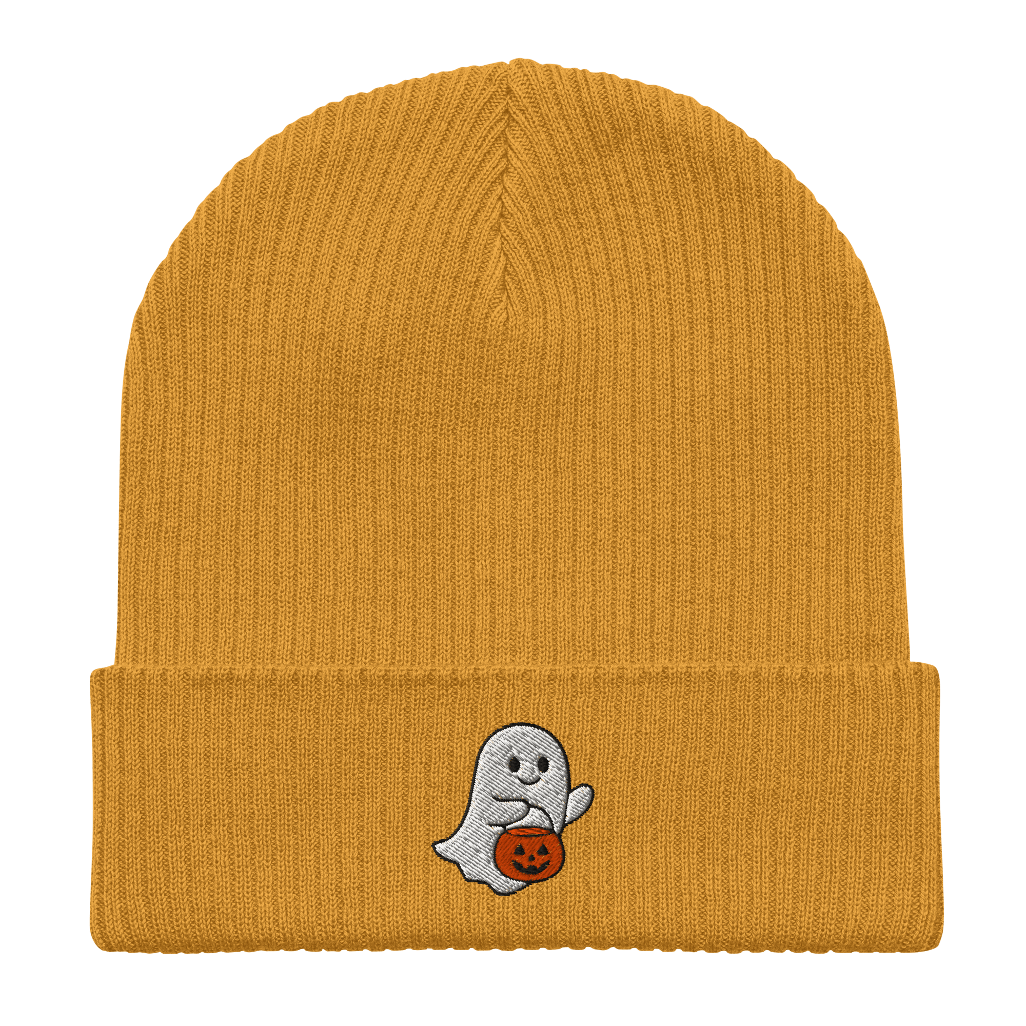 Embroidered Ghost Halloween | Organic Cotton Ribbed Beanie - Heartland Stitch