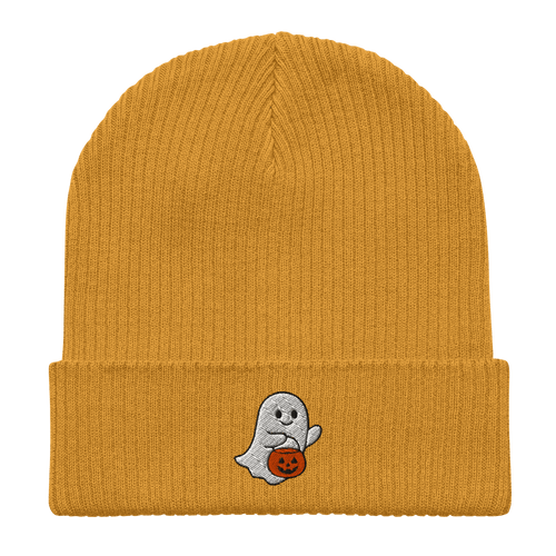 Embroidered Ghost Halloween | Organic Cotton Ribbed Beanie - Heartland Stitch