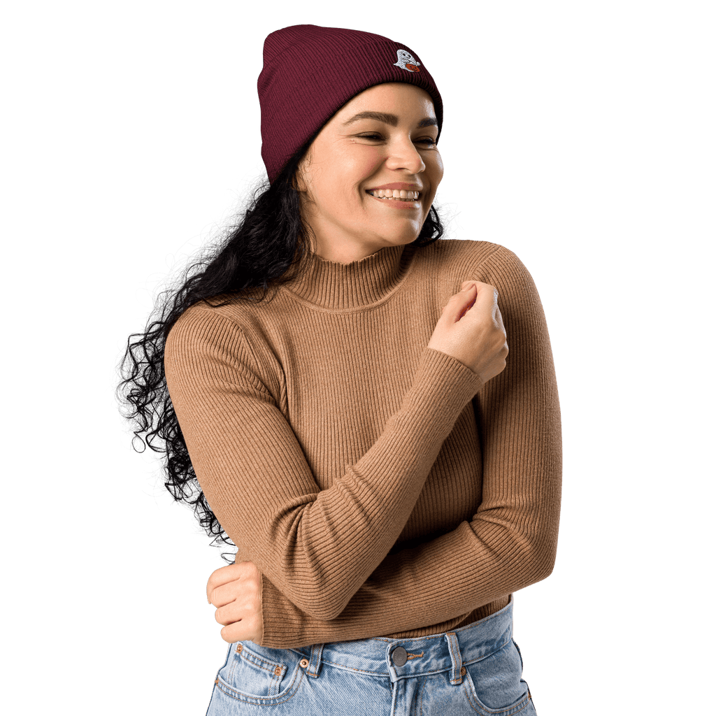 Embroidered Ghost Halloween | Organic Cotton Ribbed Beanie - Heartland Stitch