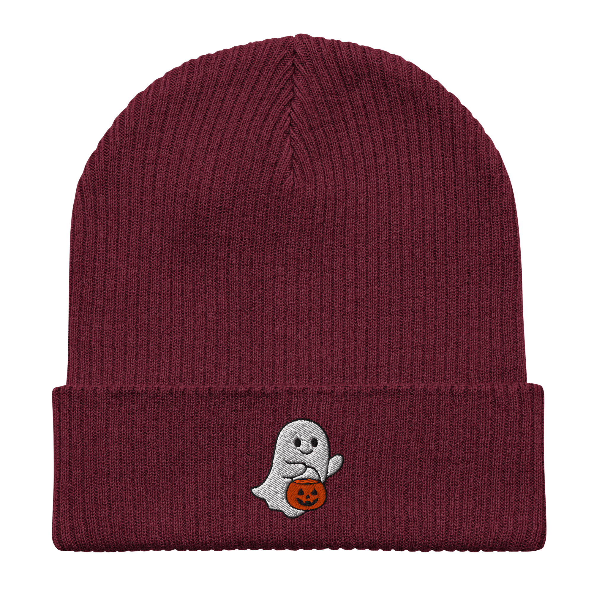 Embroidered Ghost Halloween | Organic Cotton Ribbed Beanie - Heartland Stitch