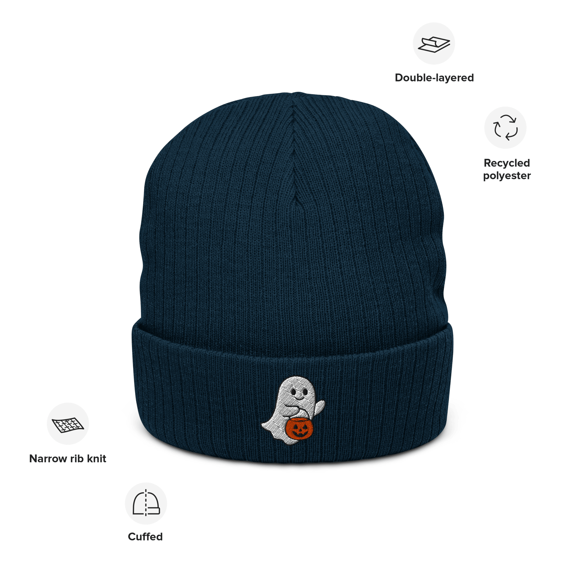 Embroidered Ghost Halloween Ribbed Knit Beanie - Heartland Stitch