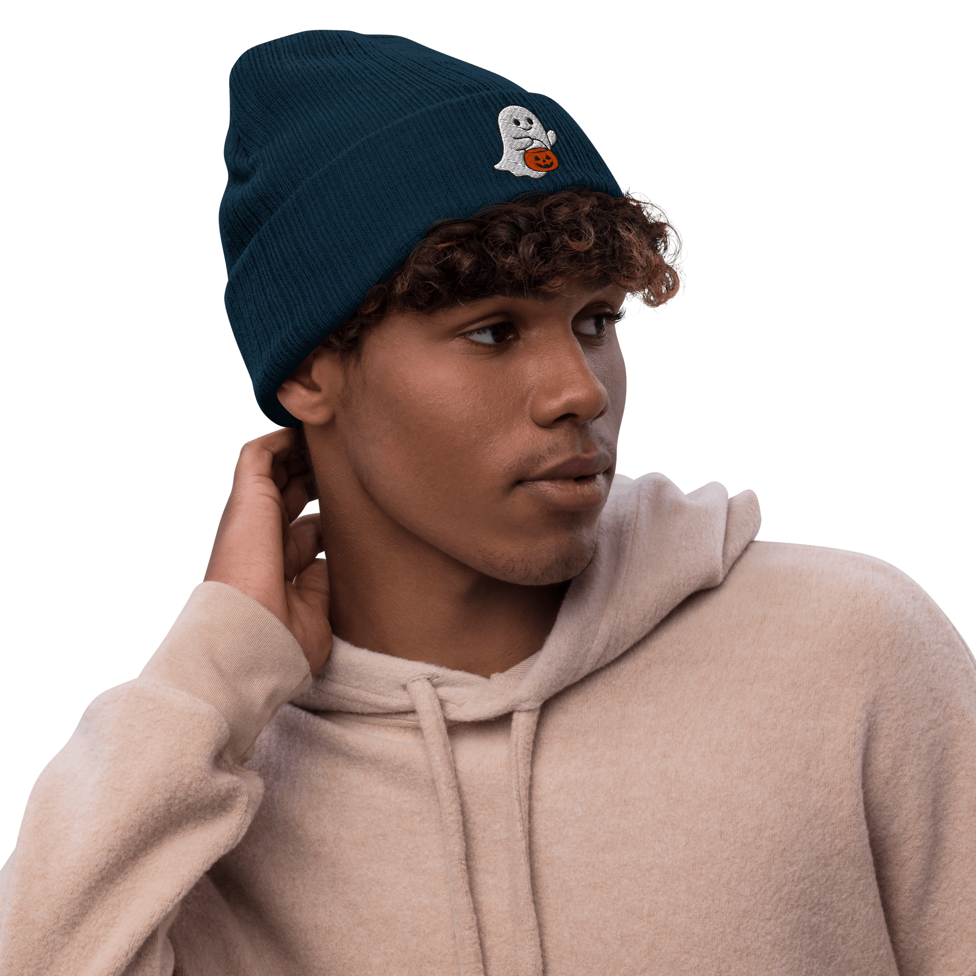 Embroidered Ghost Halloween Ribbed Knit Beanie - Heartland Stitch