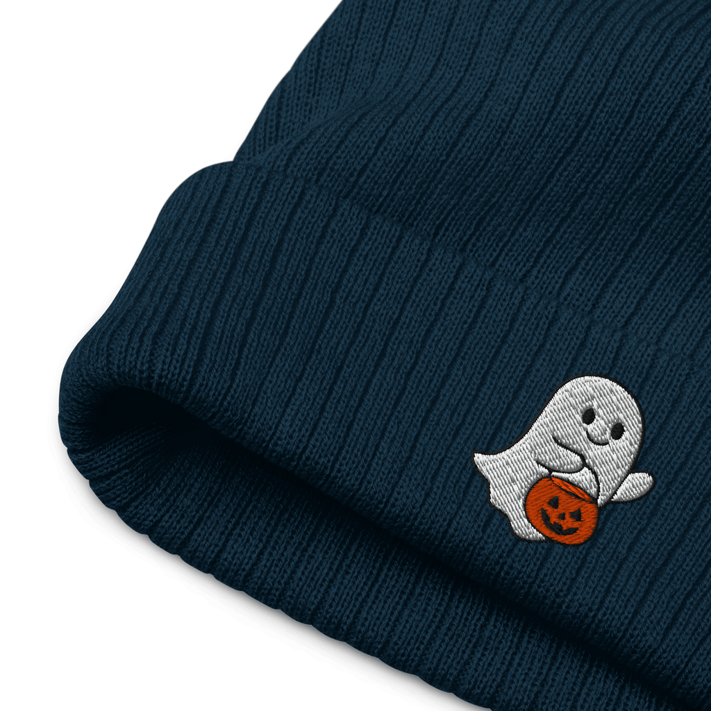 Embroidered Ghost Halloween Ribbed Knit Beanie - Heartland Stitch