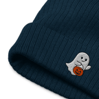 Embroidered Ghost Halloween Ribbed Knit Beanie - Heartland Stitch