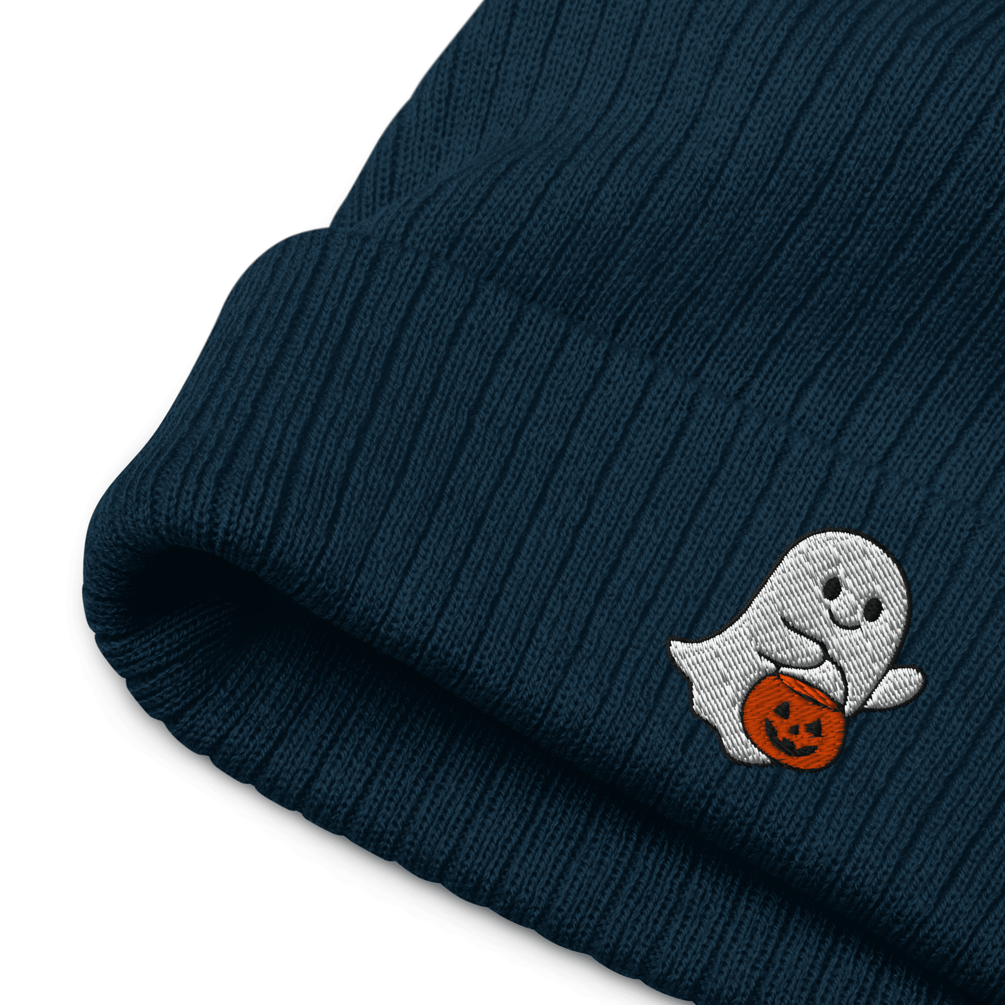 Embroidered Ghost Halloween Ribbed Knit Beanie - Heartland Stitch