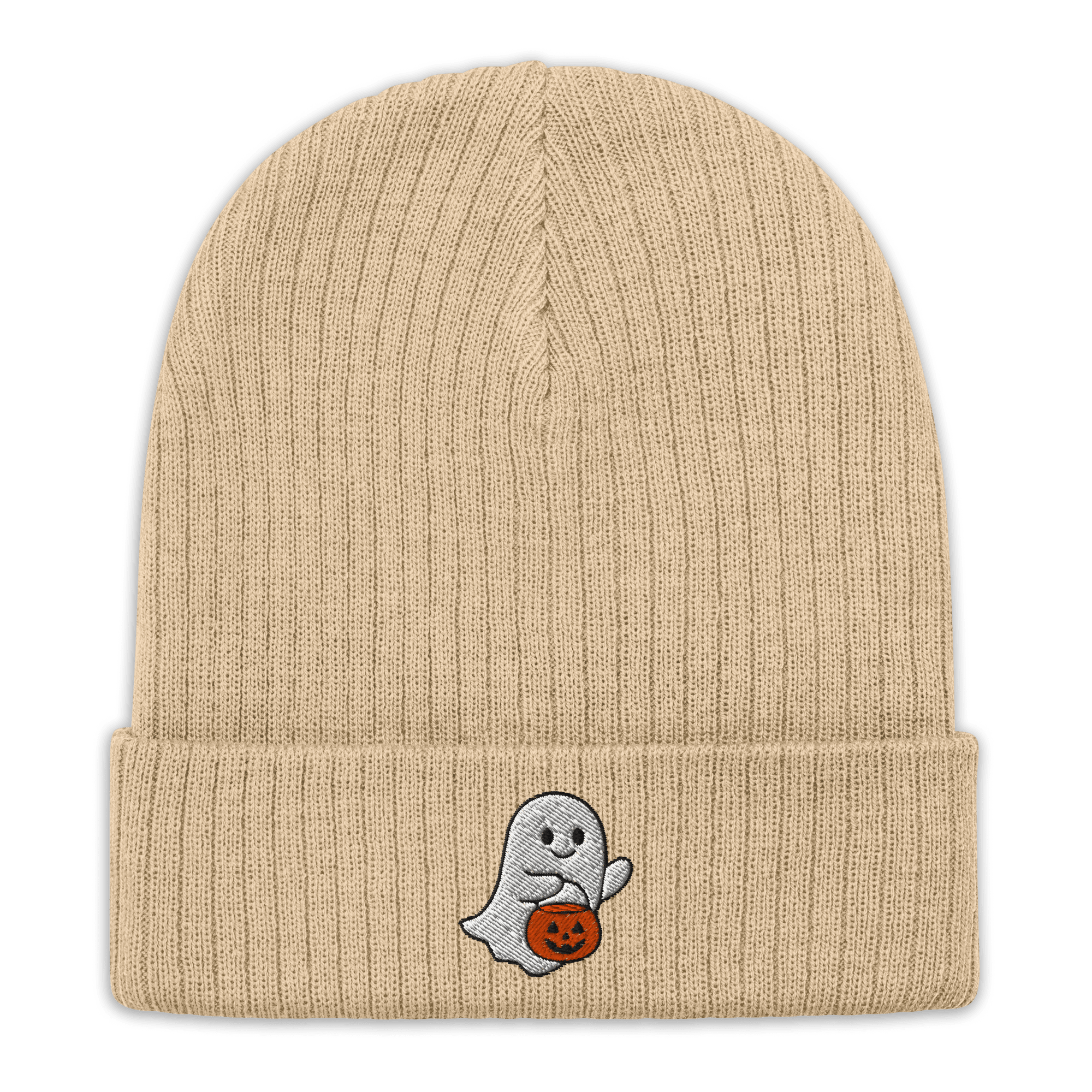 Embroidered Ghost Halloween Ribbed Knit Beanie - Heartland Stitch