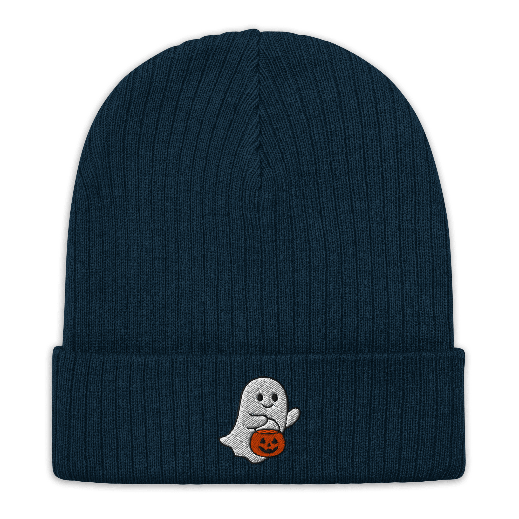 Embroidered Ghost Halloween Ribbed Knit Beanie - Heartland Stitch